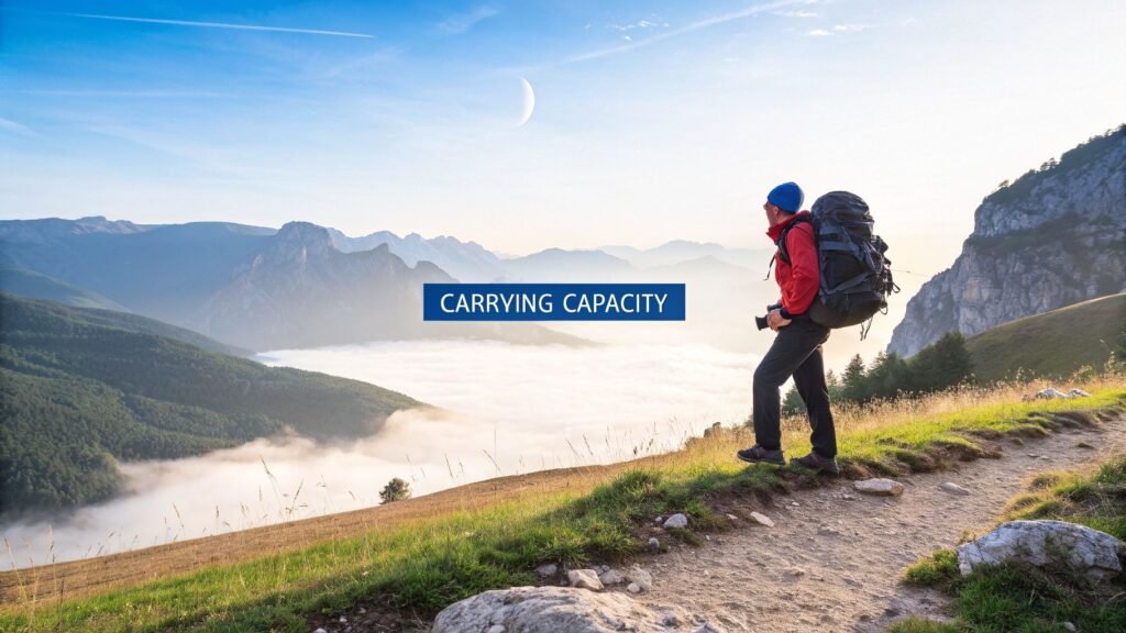 Definition of carrying capacity shown by a hiker on a mountain trail overlooking valleys and clouds with “CARRYING CAPACITY” text overlay
