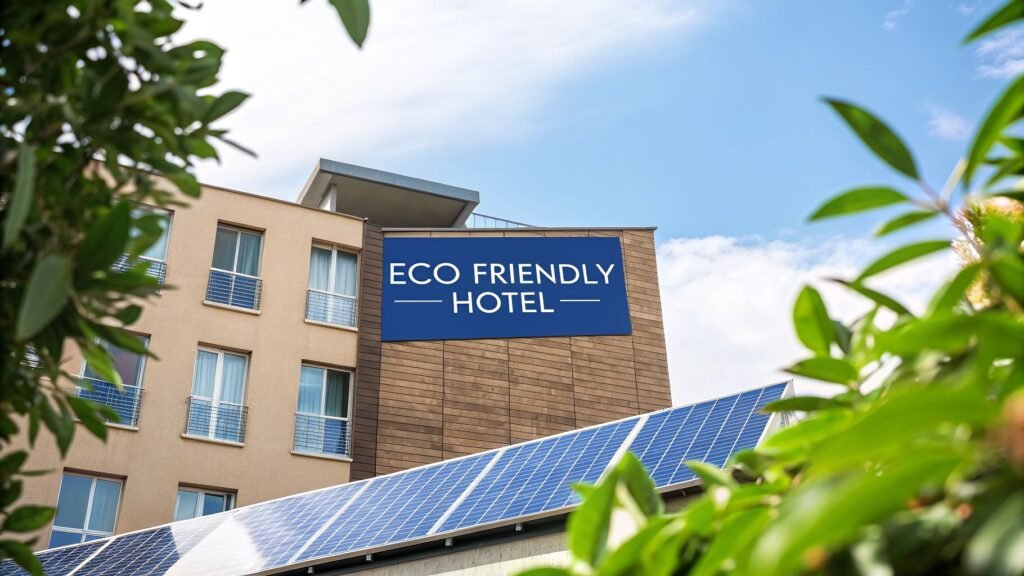 Eco friendly hotel building with solar panels on the roof and an “ECO FRIENDLY HOTEL” sign on the facade