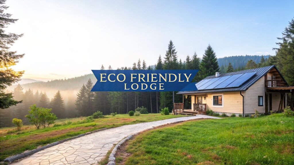 Eco friendly lodge in a green mountain landscape with solar panels, pine forests, and a peaceful sunrise view