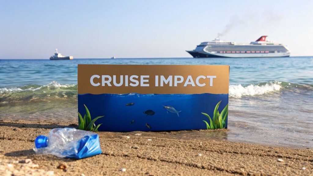 Plastic bottle and a “Cruise Impact” sign on a sandy beach with a cruise ship offshore, illustrating the environmental impact of cruise ships on marine pollution.