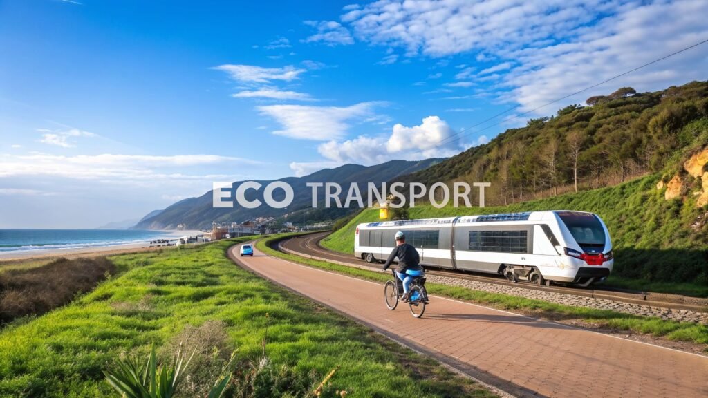 Environmentally friendly transport shown with a cyclist riding beside a modern passenger train on a coastal route.