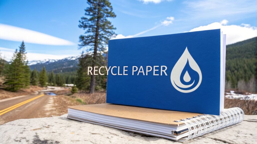 Notebook and paper materials beside a mountain road with a recycle paper sign, illustrating how to explain the environmental benefits of recycling paper products.