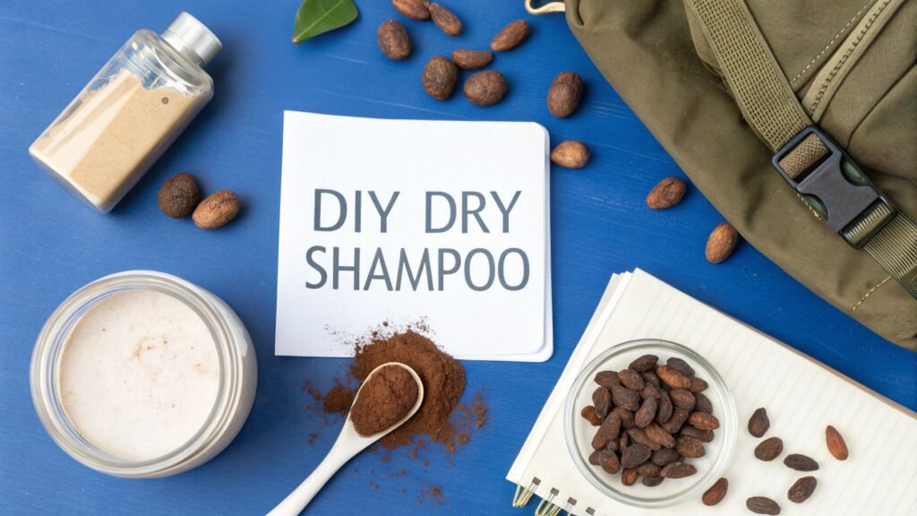 Homemade dry shampoo flatlay with “DIY DRY SHAMPOO” card, cocoa powder, a jar of powder, and travel items