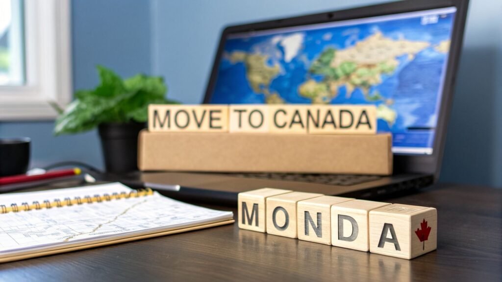 Laptop, notebook, and move to Canada blocks on a desk for people researching how do i move to canada from america