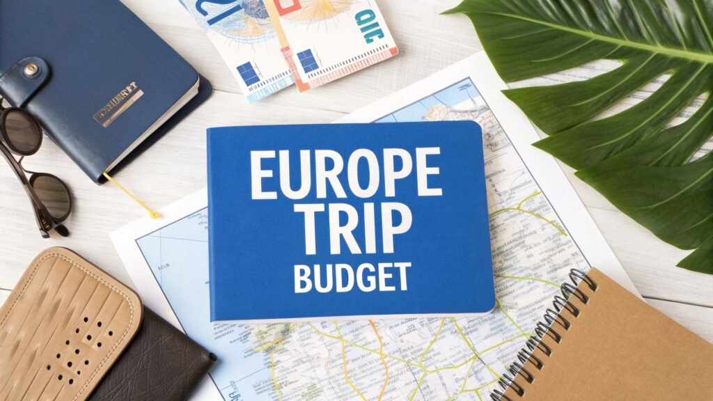 Travel planning items arranged around a Europe trip budget notebook, illustrating how much does a europe trip cost for travelers preparing their expenses.