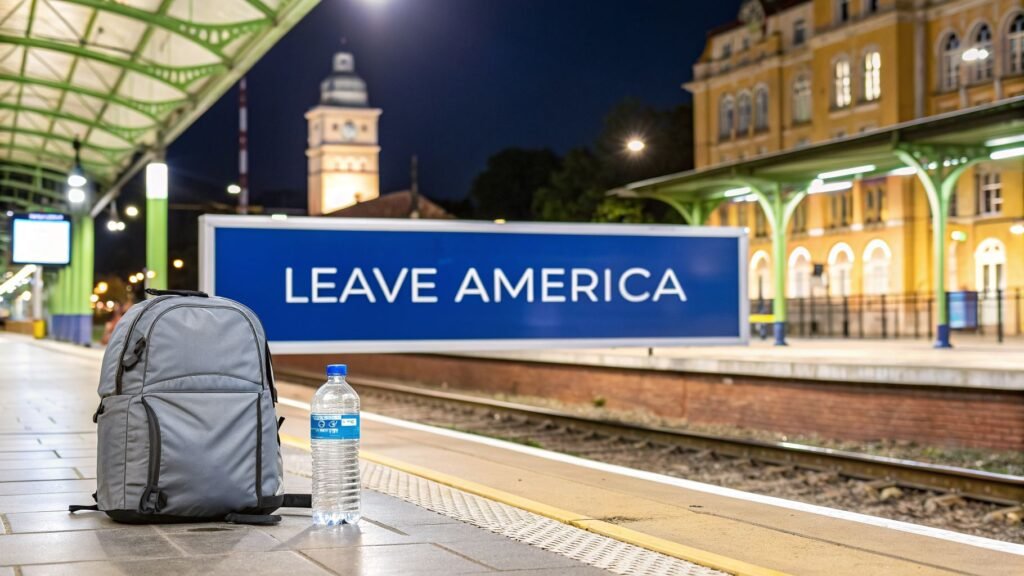 Backpack and water bottle at a train station platform with a “Leave America” sign, illustrating leave the america for international travel planning.