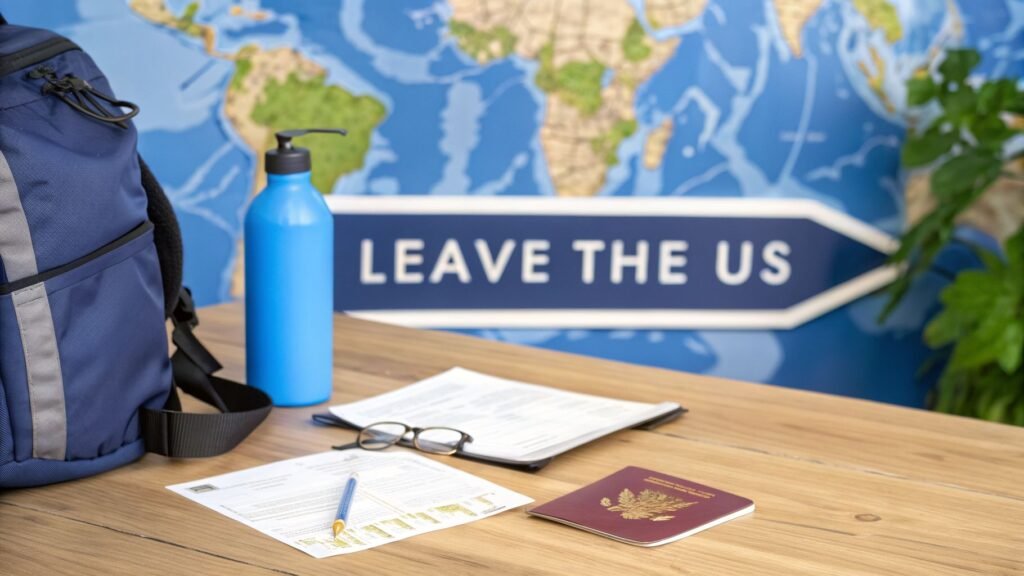 Backpack, passport, travel papers, and glasses on a desk representing plans to leave the us for relocation or long-term travel