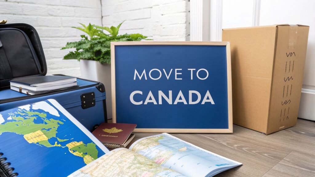 Suitcase, passports, map, and moving boxes arranged for a move from america to canada in a home packing scene