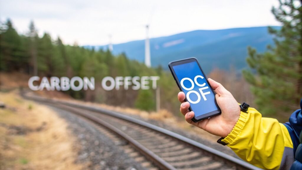 Traveler holding a smartphone near railway tracks and forest scenery, representing ways to offset carbon emissions through lower-impact travel choices.