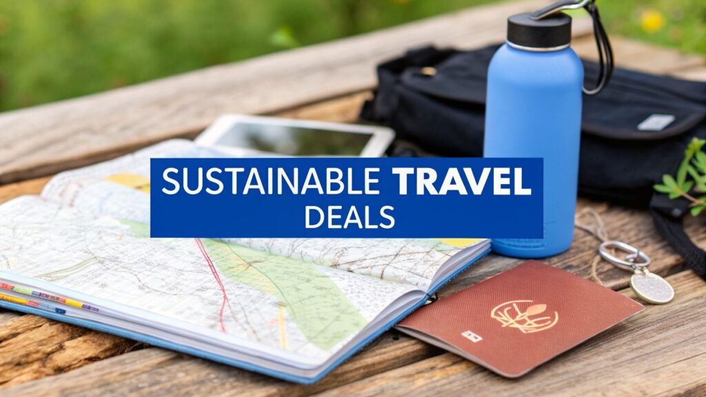 Travel essentials on a wooden table with a map, water bottle, passport, and backpack, featuring sustainable travel deals for eco-conscious trip planning