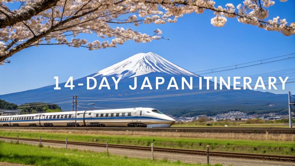 High-speed train passing beneath Mount Fuji and cherry blossoms, representing a two weeks in japan itinerary built around scenic rail travel.