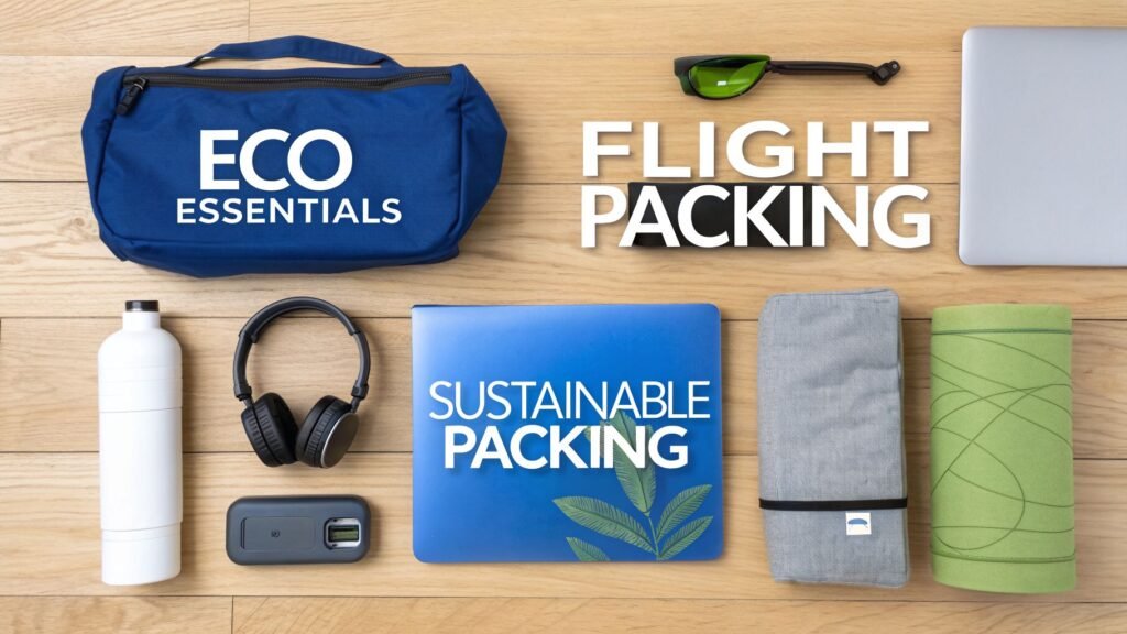 Flat lay of eco travel gear including a bag, water bottle, headphones, laptop, and packing cubes, showing what to pack for a long flight.