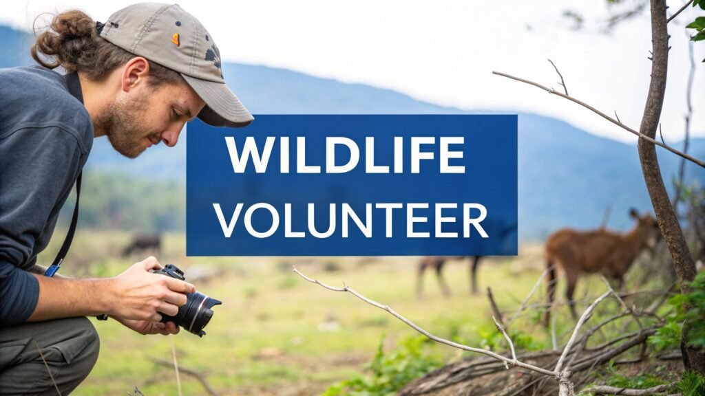 Wildlife conservation volunteer photographing animals in a natural landscape during a field conservation project