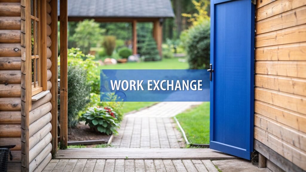 Work exchange for housing shown by an open blue door at a rustic cabin leading to a peaceful garden path, with “Work Exchange” text overlay.