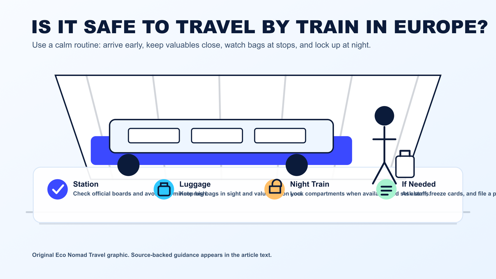 Train safety routine flow diagram for stations, luggage, and night trains in Europe