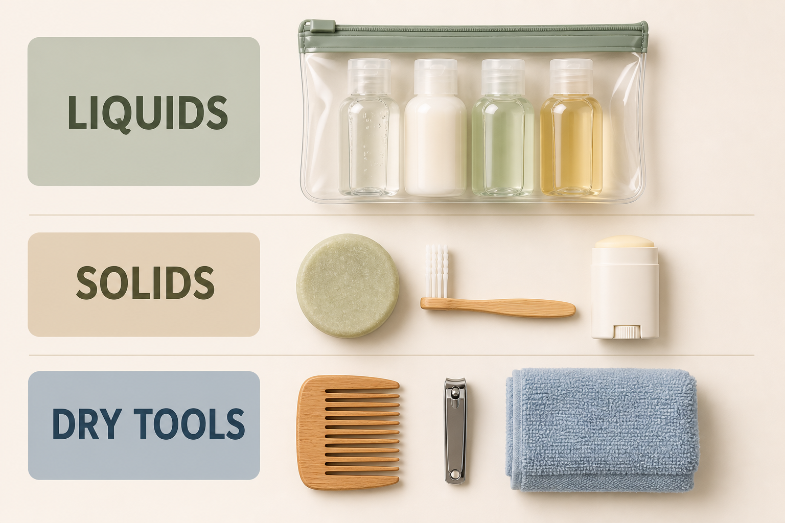 Three-zone travel toiletry kit checklist separating liquids, solids, and dry tools.