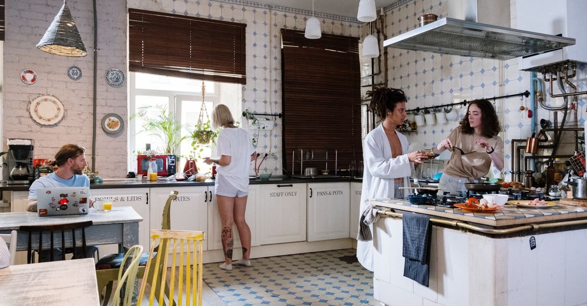 A modern shared kitchen and communal living area
