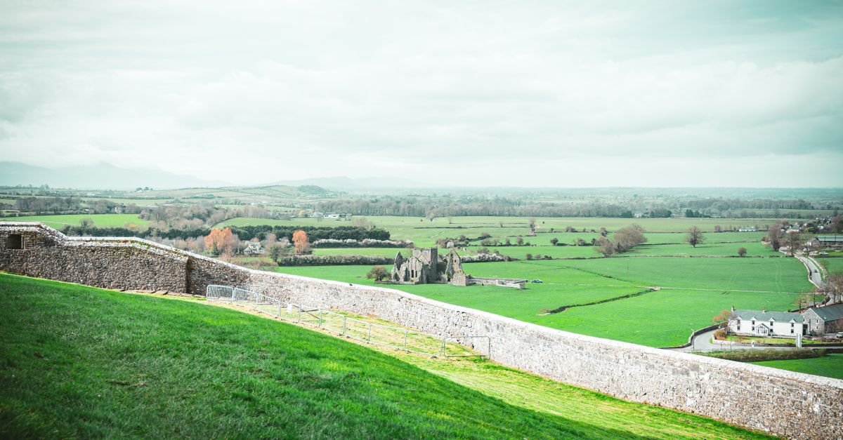 Green fields divided by stone walls in Ireland