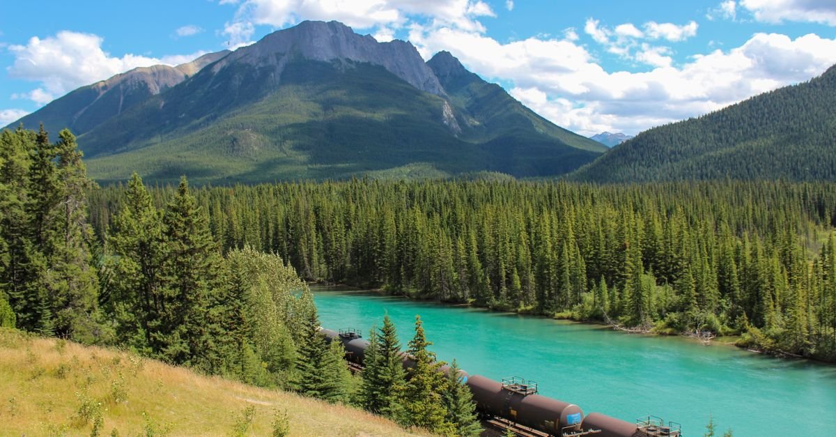 Mountain peaks above a lake in the Canadian Rockies